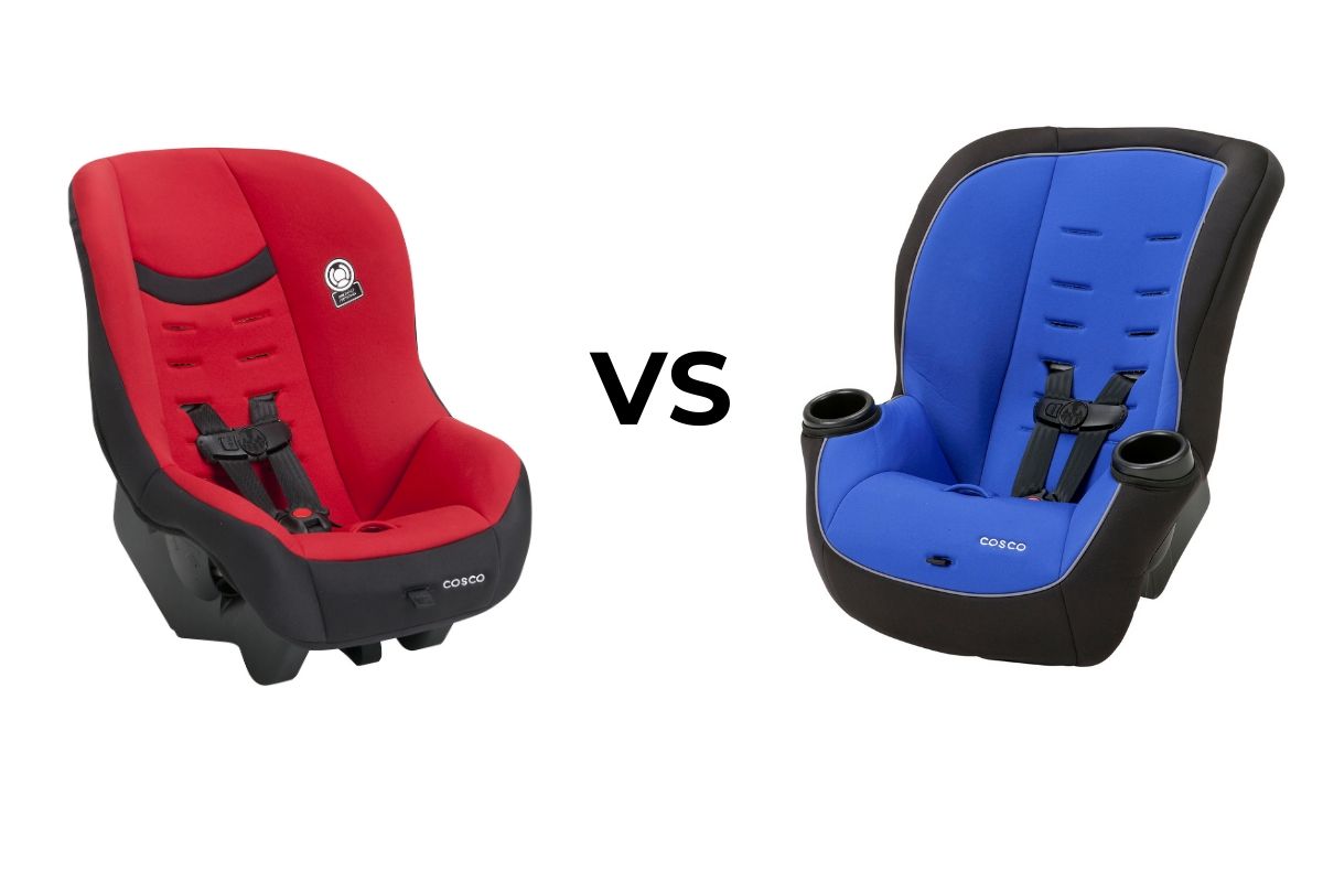 left side: red car seat angled to the right; right side: blue car seat angled to the left; between: black text "VS". Comparison of Cosco Scenera Next vs Apt 50 convertible car seats.