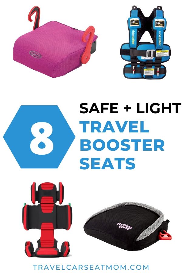 Collage with four best travel booster seats: Graco Turbo GO, Ride Safer travel vest, hifold folding backless booster seat, Bubblebum inflatable booster seat. In center is a blue hexagon with white "8" and adjacent text: "Safe and light travel booster seats"