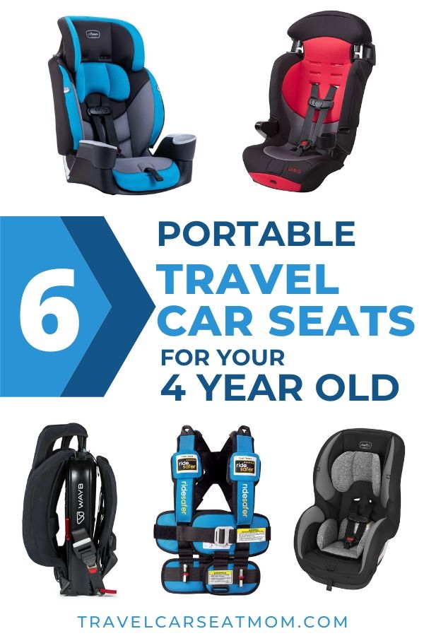 Collage of 5 best travel car seat for 4 year old: blue Ride Safer travel vest, Wayb Pico, black Evenflo Sureride, red Cosco Finale DX, blue Evenflo Maestro Sport. Text in center: "8 lightweight travel car seats for your 3 year old"