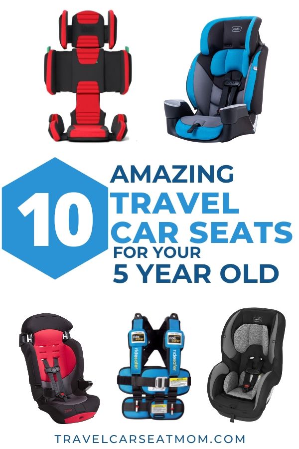 Collage of 5 travel car seats for 5 year old: red hifold folding booster seat, blue Evenflo Maestro Sport, gray Evenflo Sureride, blue Ride Safer travel vest, red Cosco Finale DX