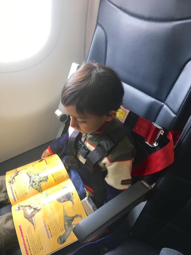 Boy in striped sweater using the AmSafe CARES Kids Fly Safe harness on an airplane, the only FAA approved   toddler harness for airplanes