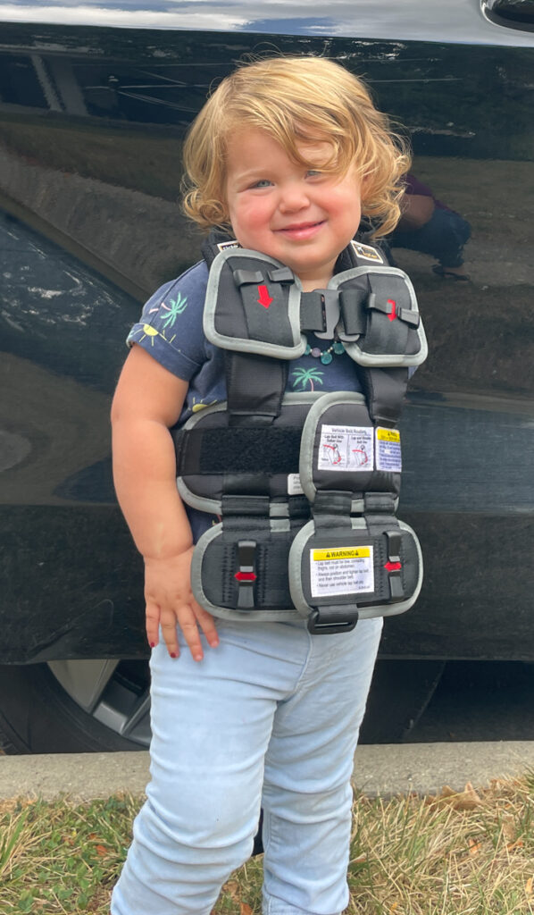 Travel Car Seat Expert - A toddler wearing a safety vest in front of a car.